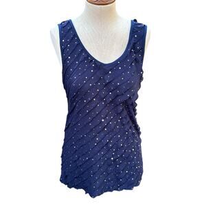 Lavish Sleeveless Embellished Ruffle Dark Blue Blouse Top Women’s size Small